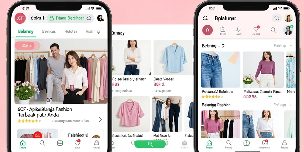 Antarmuka aplikasi 6CF yang modern dan menarik untuk belanja fashion.