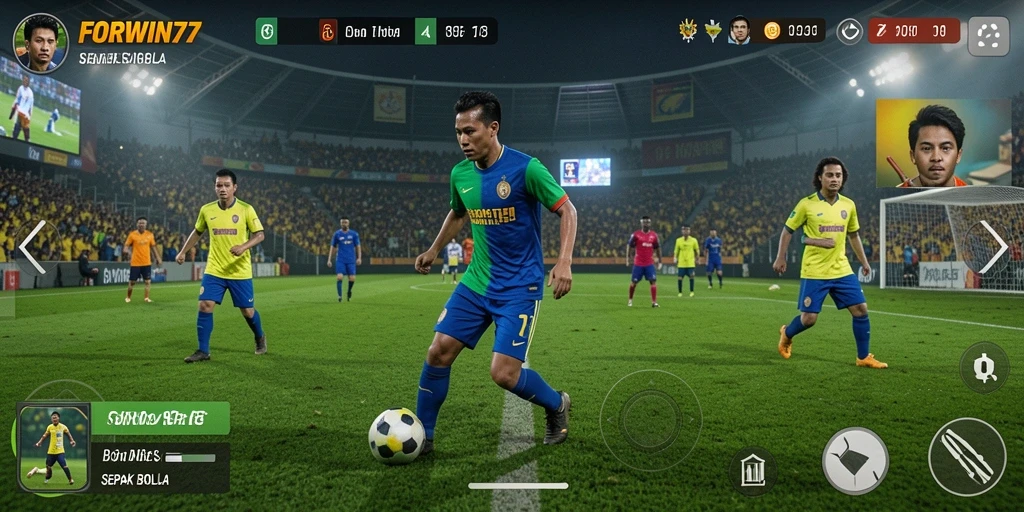 Tampilan antarmuka <strong>FORWIN77</strong> yang modern dengan fungsi permainan sepak bola.